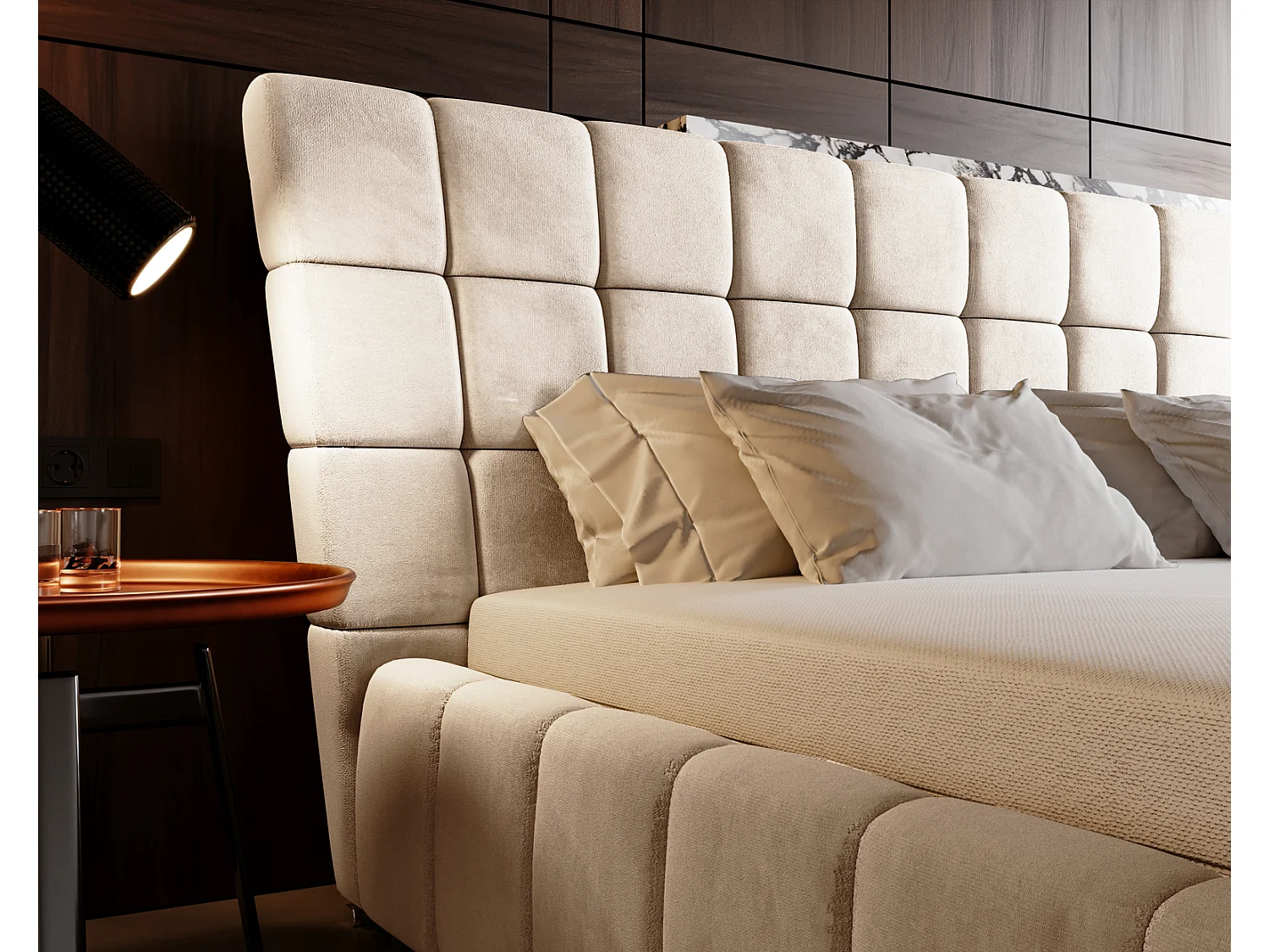 Emporius gestoffeerd bed 140 x 200 cm Deluxe, bed met opbergruimte, fluweel Beige (Magic Velvet 2201)