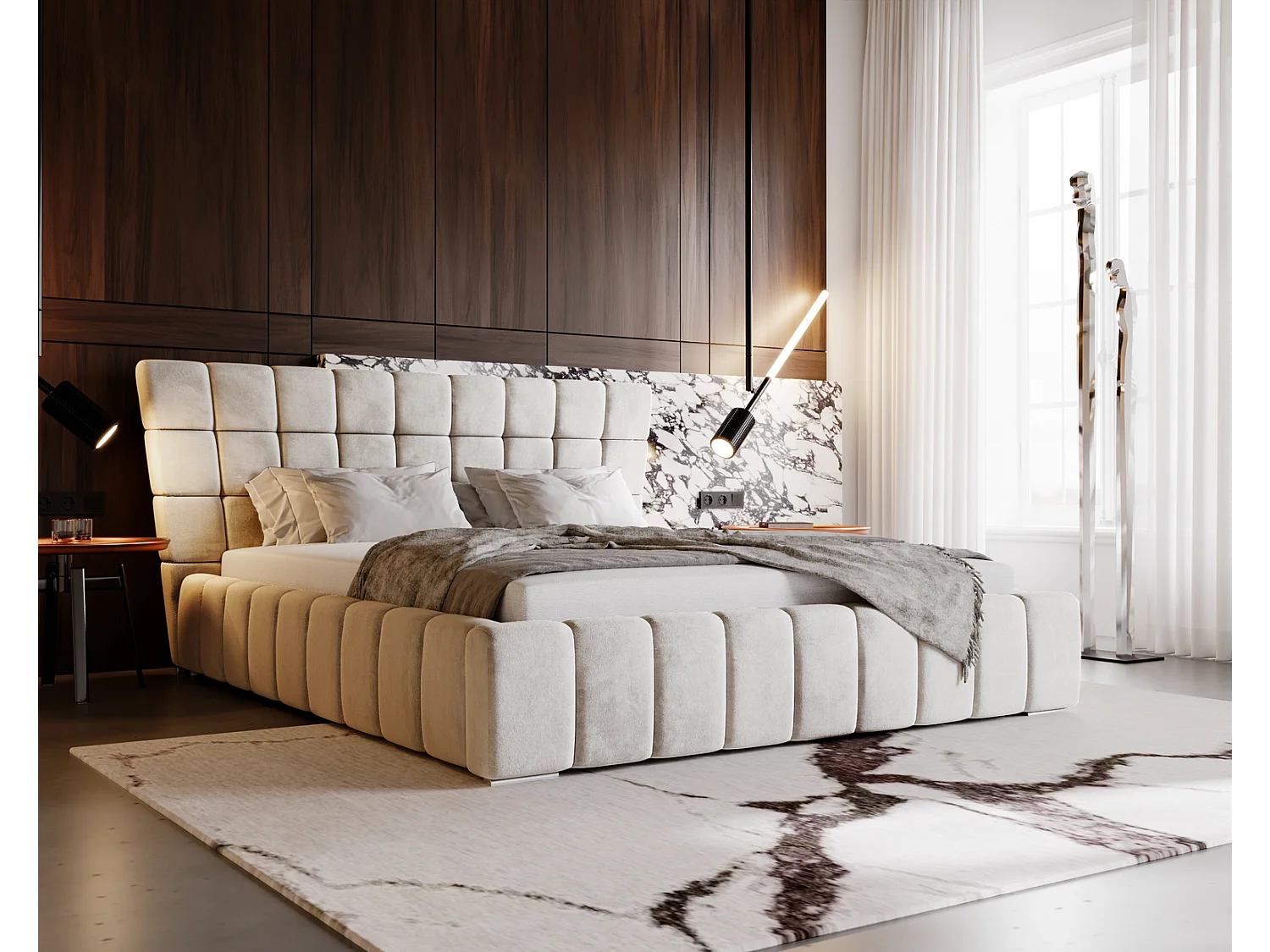 Emporius gestoffeerd bed 140 x 200 cm Deluxe, bed met opbergruimte, fluweel Beige (Magic Velvet 2201)