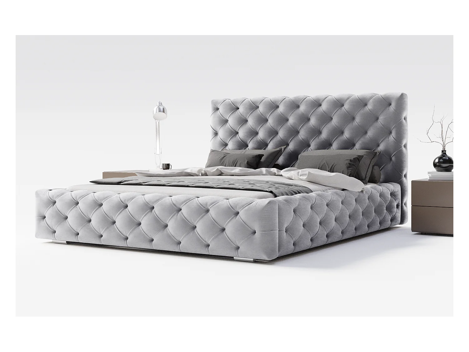 Emporius Lit double avec Rangement, lit 180x200 cm Paris - Lit Adulte, Tissu Gris (Magic Velvet 2217)