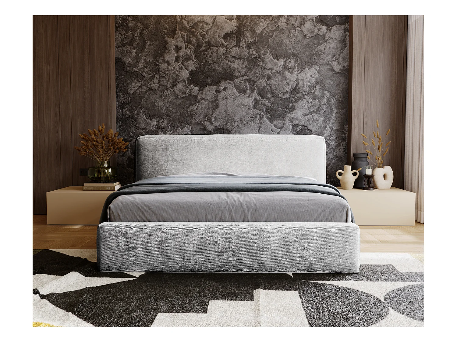 Emporius Lit 180x200 cm Vitoria - Lit adulte avec Tete de Lit, avec Rangement - Lit Gris clair (Symphony 19)