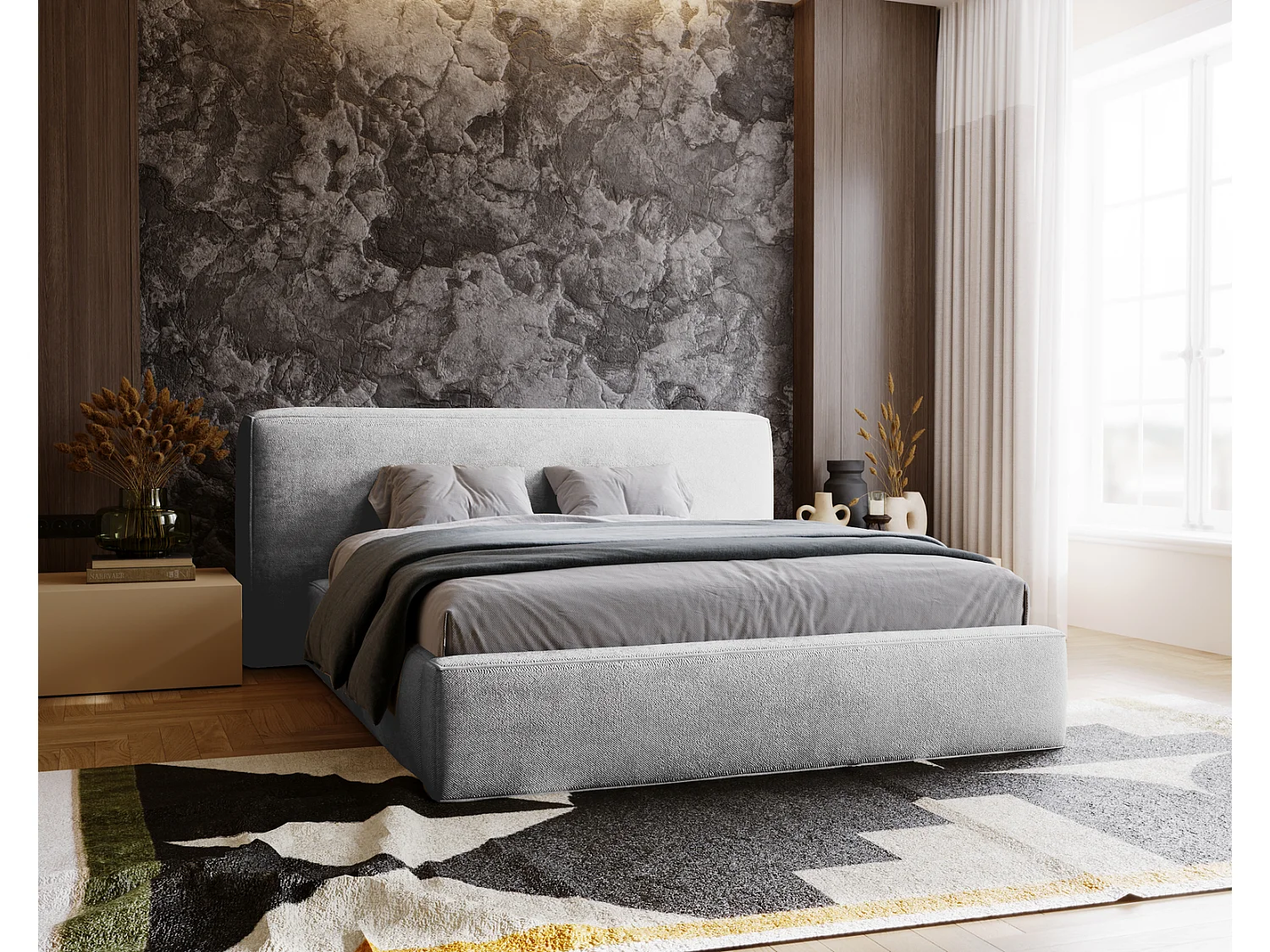 Emporius Lit 180x200 cm Vitoria - Lit adulte avec Tete de Lit, avec Rangement - Lit Gris clair (Symphony 19)