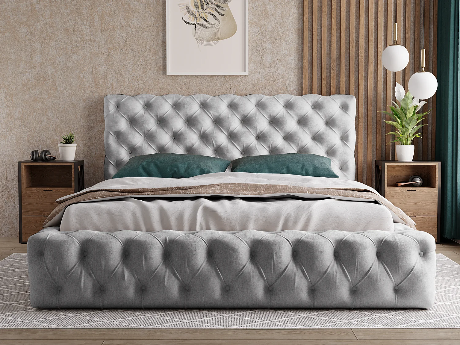 Emporius Glory łóżko tapicerowane pikowane - eleganckie łóżko 140x200 w stylu glamour - pojemnik i stelaż, tkanina aksamitna, jasny szary (Paros 5)