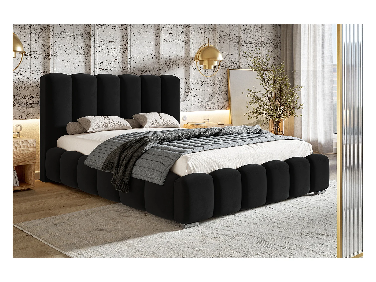 Emporius bed 200x200 cm met opbergruimte Pearl - gestoffeerd bed 200x200, fluwelen Zwart (Amor Velvet 4322)