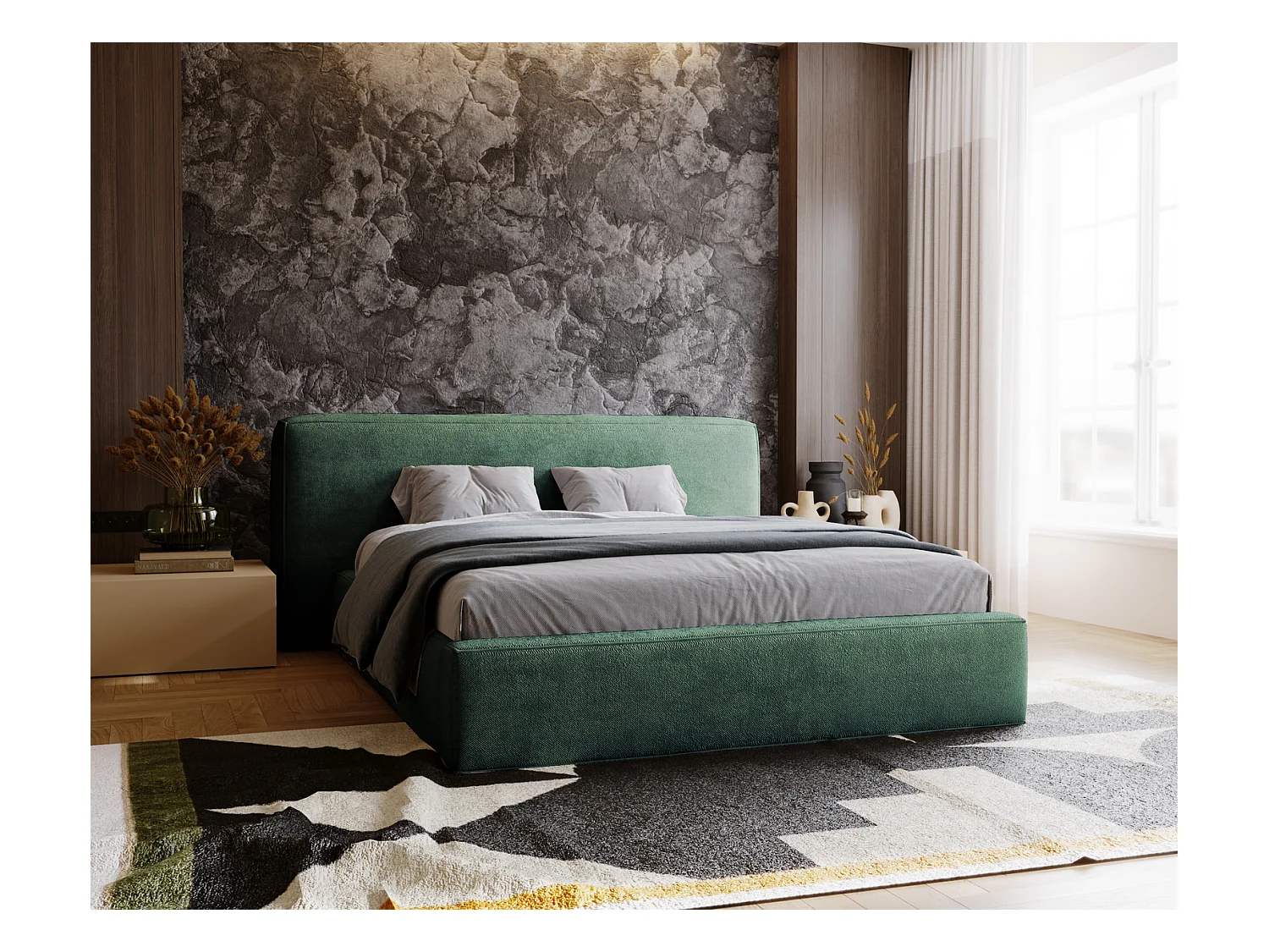 Emporius bed 140 x 200 cm Vitoria - gestoffeerd bed met opbergruimte, fluweel bed Groen (Symphony 12)