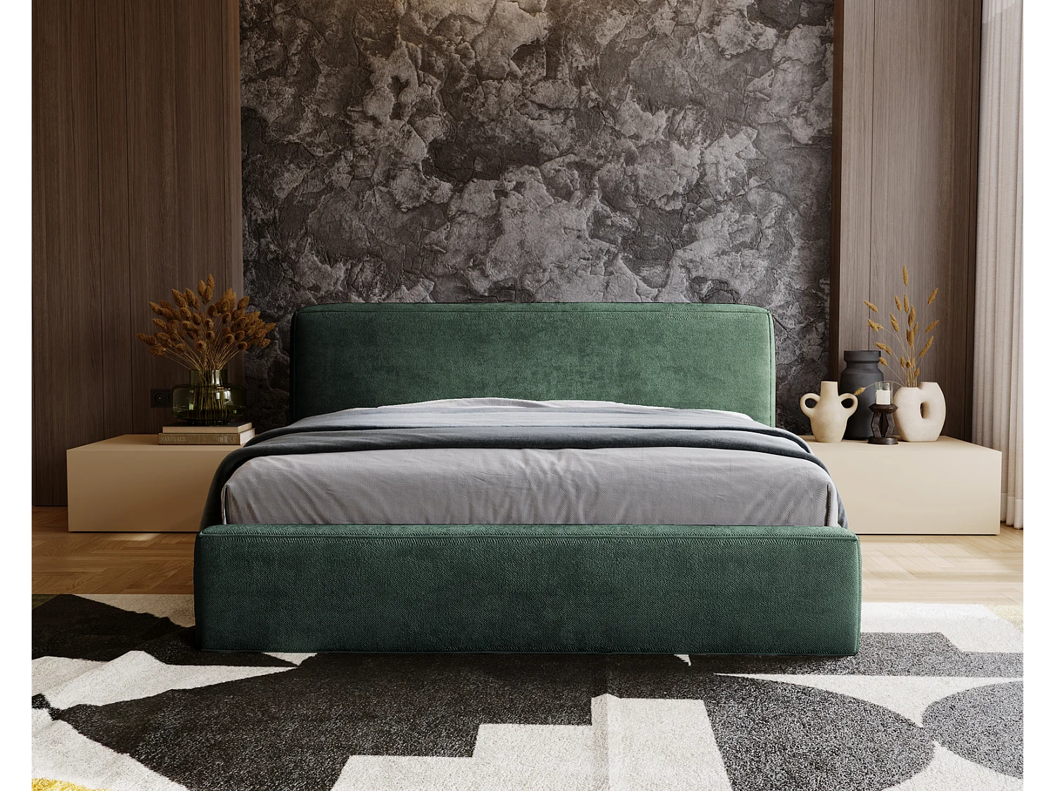 Emporius Vitoria łóżko tapicerowane 140x200 cm - łóżko w nowoczesnym stylu - duże zagłowie, pojemnik i stelaż, zielony (Symphony 12)