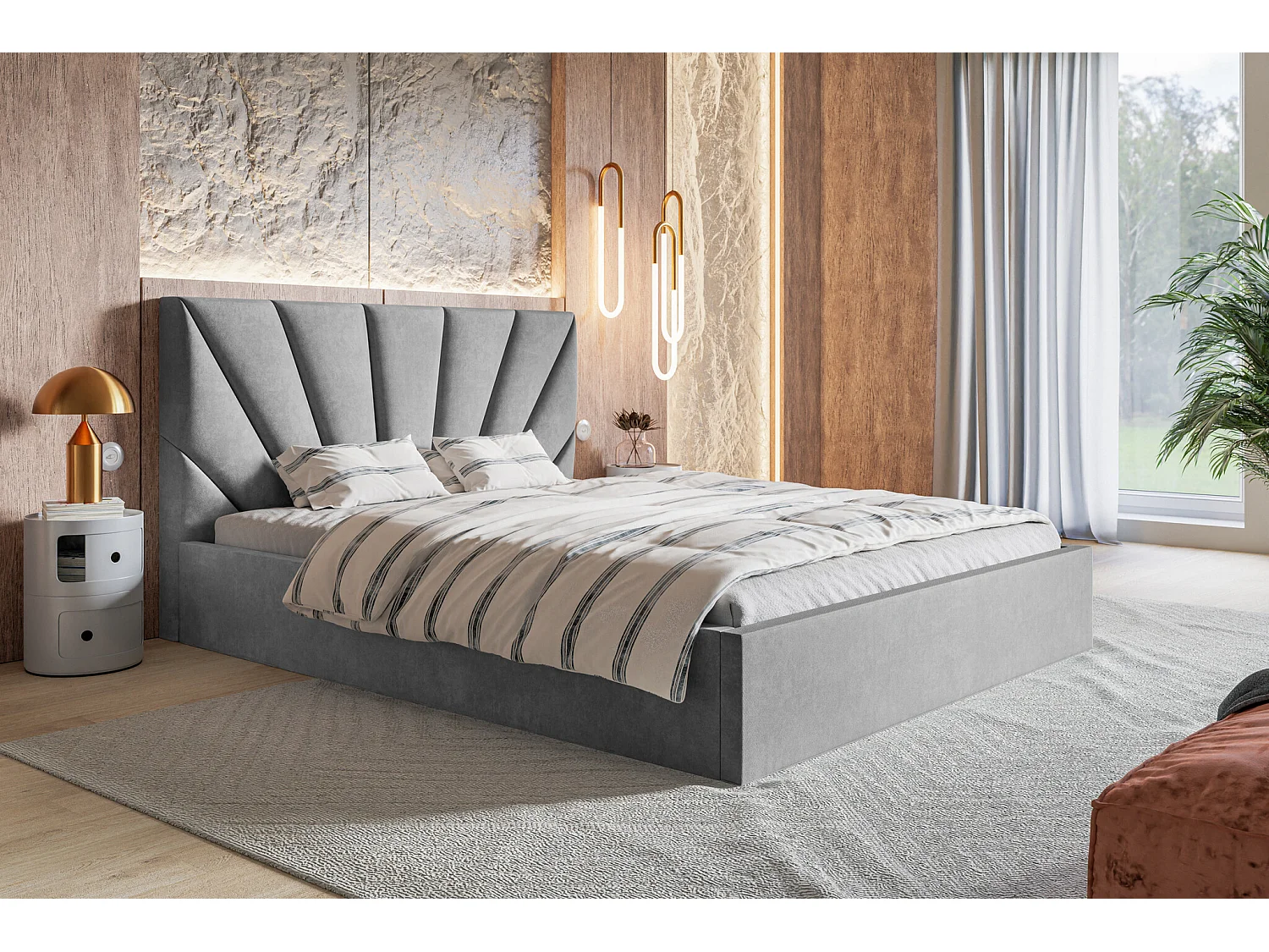 Lit double 160x200 cm Aris - Lit adulte avec rangment - Tissu velours - Gris clair (Jasmine 90)