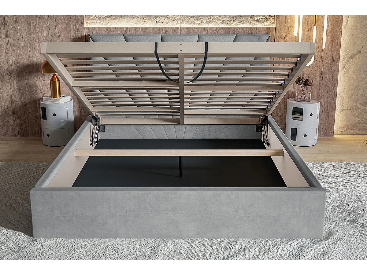 Lit double 160x200 cm Aris - Lit adulte avec rangment - Tissu velours - Gris clair (Jasmine 90)