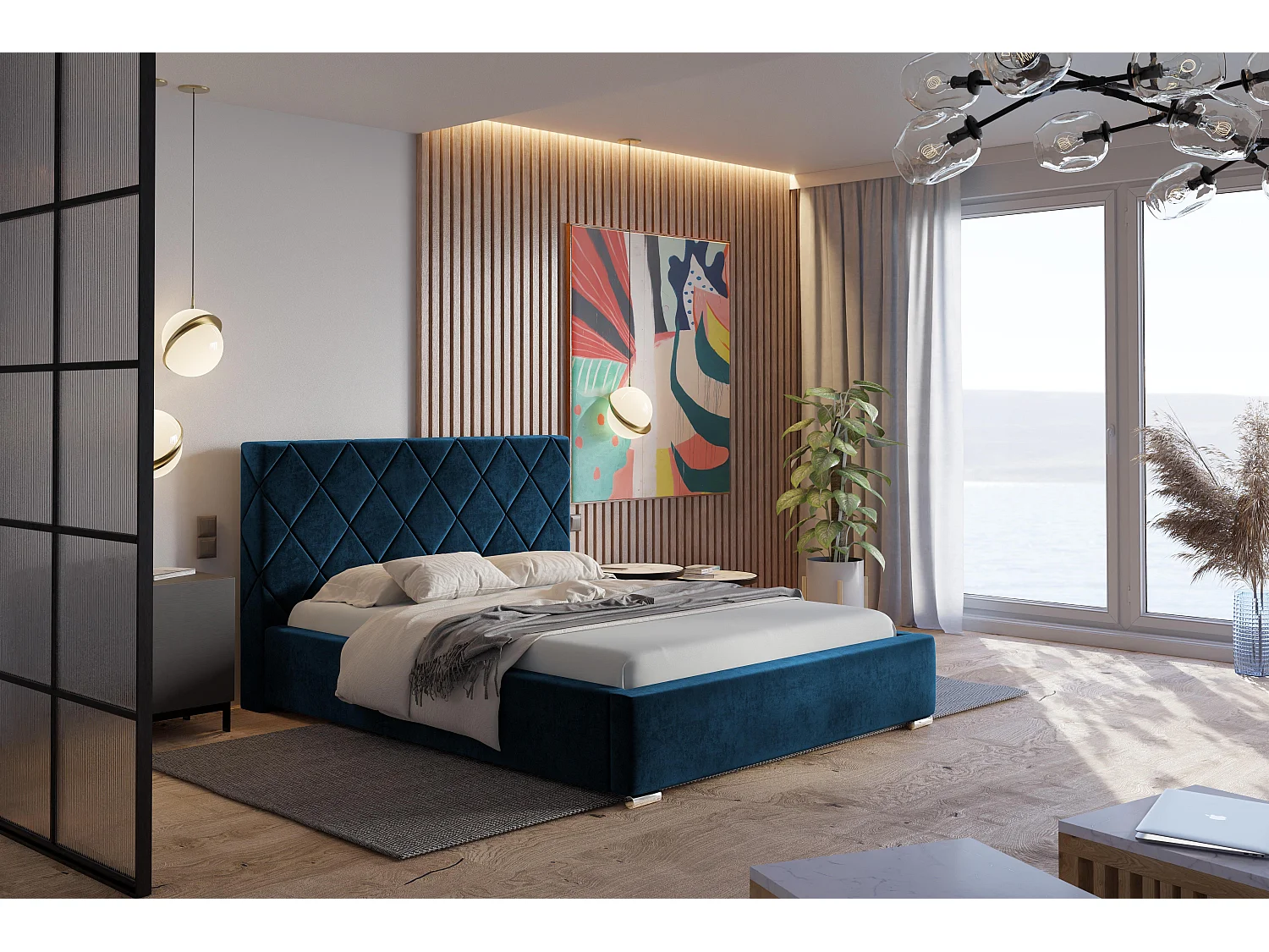 Emporius Bett 140x200 Aron, Polsterbett mit Bettkasten - Schlafzimmer, Doppelbett mit Lattenrost - Blau (Monolith 77)