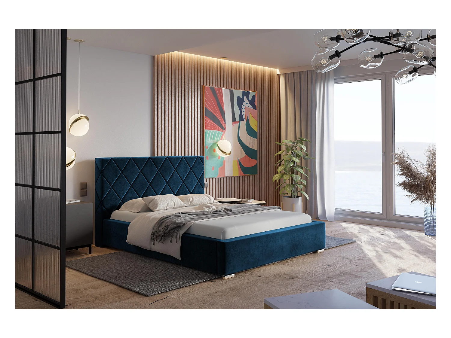 Emporius Lit rembourré 140x200 Aron - Lit double avec Rangement, Lit 140x200 cm Bleu (Monolith 77)