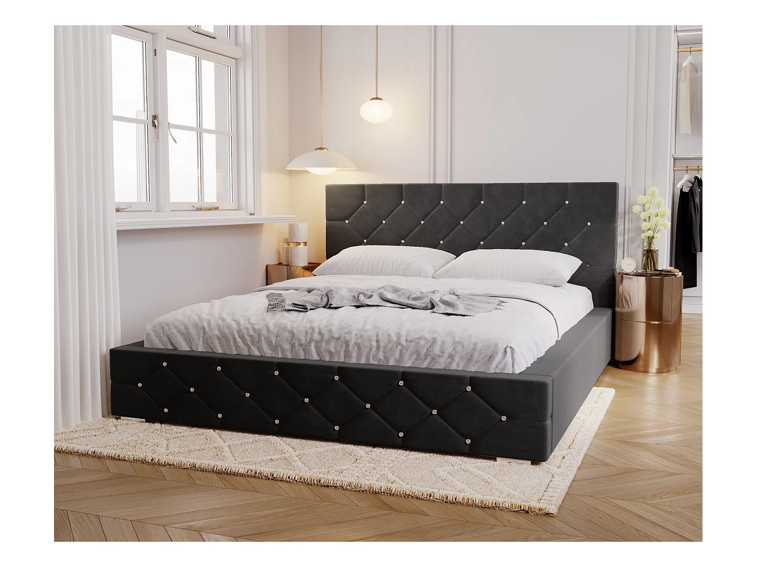 Emporius Lit capitonné 140x200 Solar, Lit double 140 x 200 cm, lit adulte avec Rangment, stoff Velours Noir (Magic Velvet 2219)
