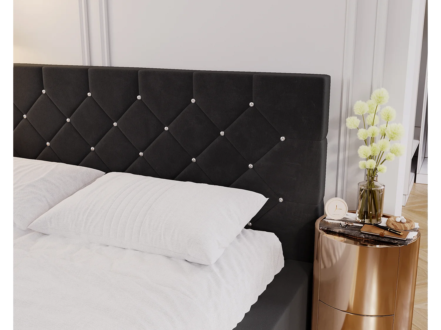 Emporius Solar łóżko tapicerowane 140x200 cm - eleganckie łóżko w stylu glamour - kryształki, pojemnik i stelaż, tkanina aksamitna, czarny (Magic Velvet 2219)