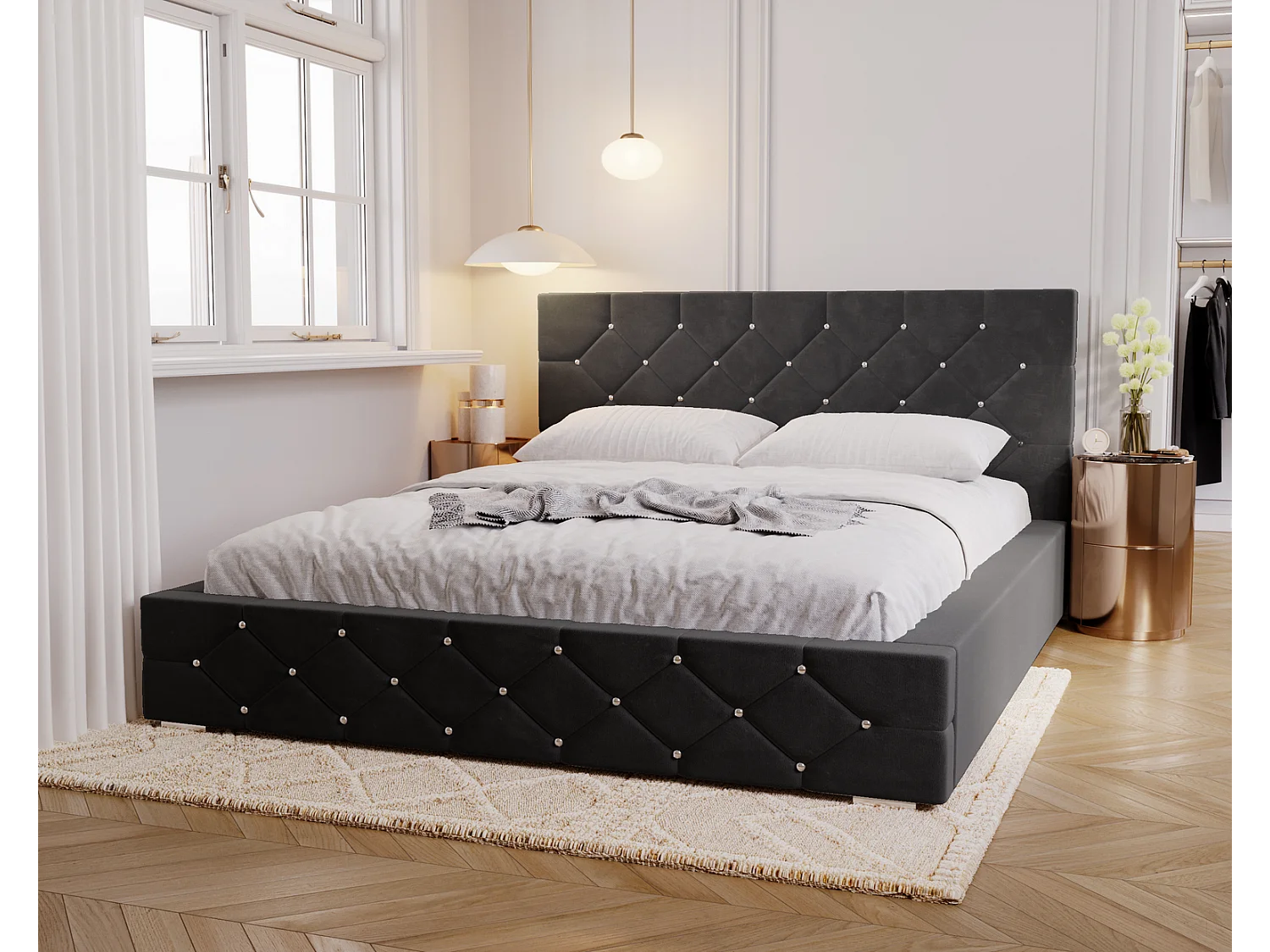 Emporius Lit capitonné 140x200 Solar, Lit double 140 x 200 cm, lit adulte avec Rangment, stoff Velours Noir (Magic Velvet 2219)