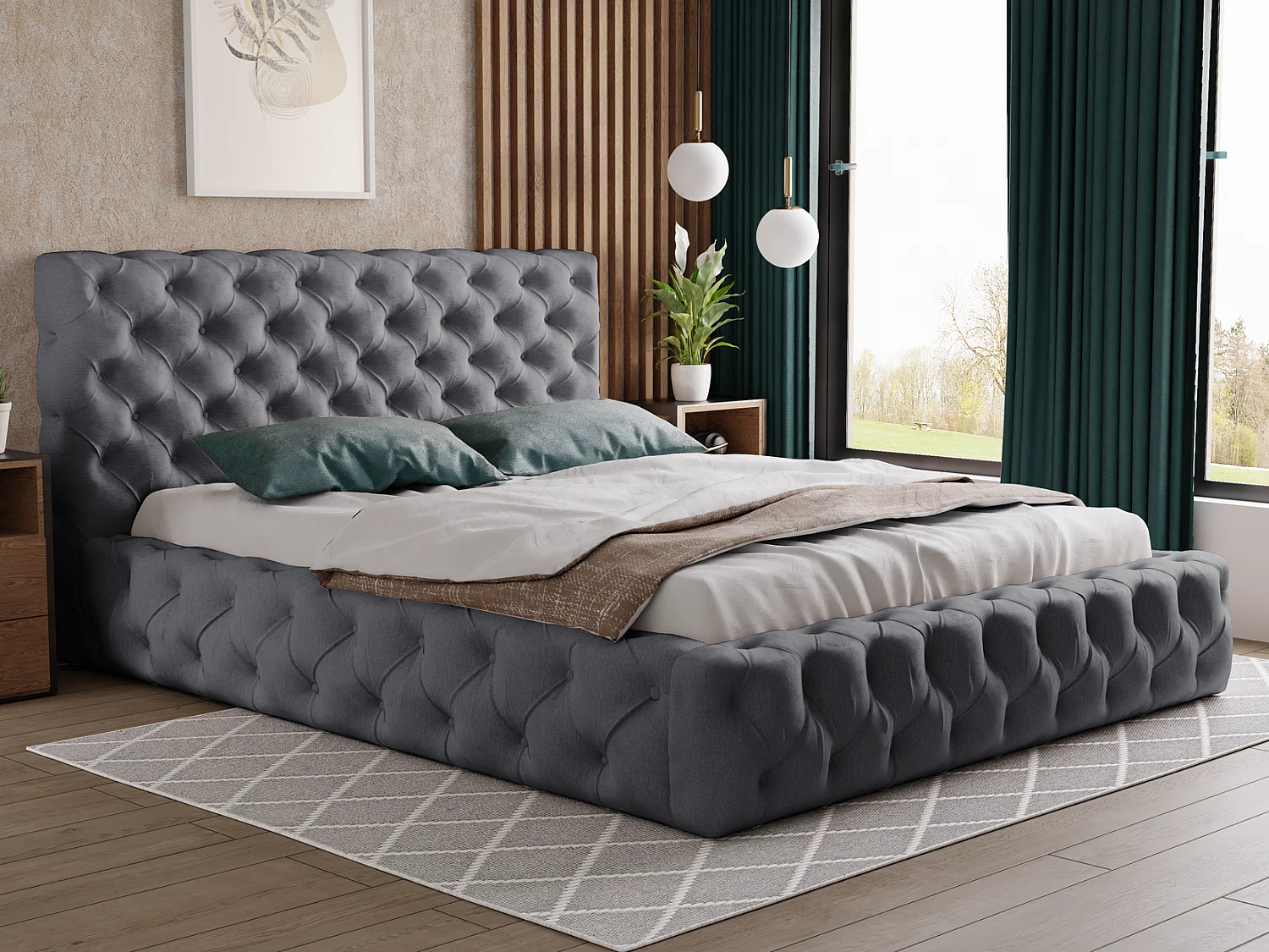 Emporius Lit coffre 180x200 Glory - Lit double 180 x 200 cm, lit capitonné, stoff Velours Gris foncé (Paros 6)