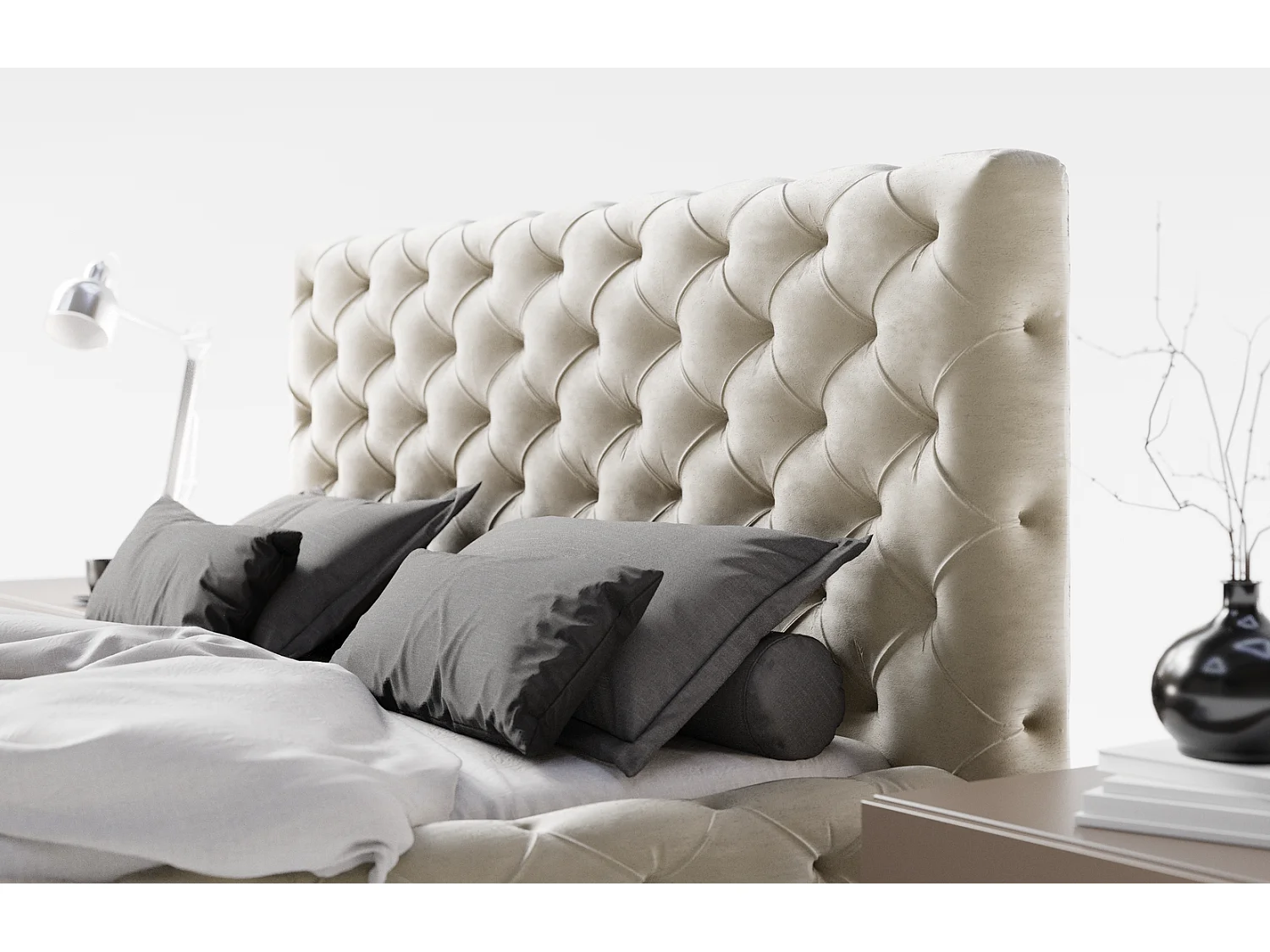 Emporius Paris łóżko tapicerowane 160x200 cm - glamour, pikowanie chesterfield - łóżko dwuosobowe z pojemnikiem, tkanina aksamitna, wanilia (Magic Velvet 2201)