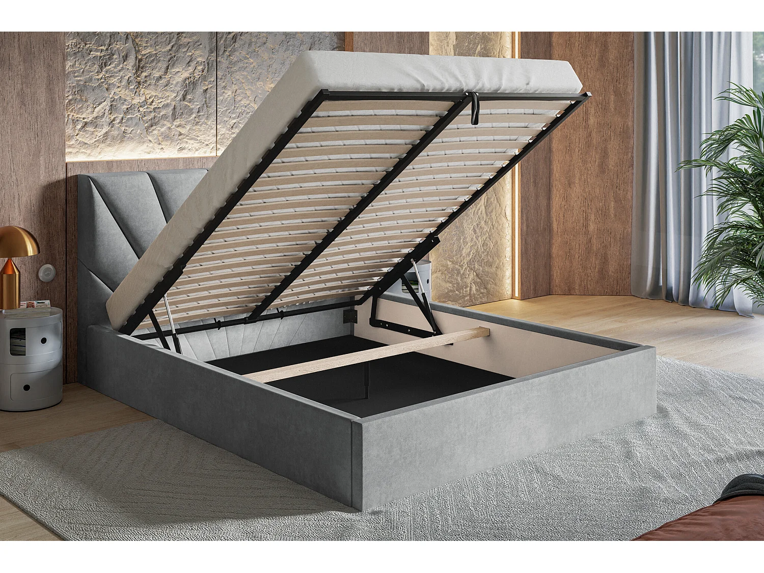 Lit coffre 140x200 cm Aris - Lit double avec rangment, sommier métallique - Tissu velours Gris foncé (Jasmine 96)