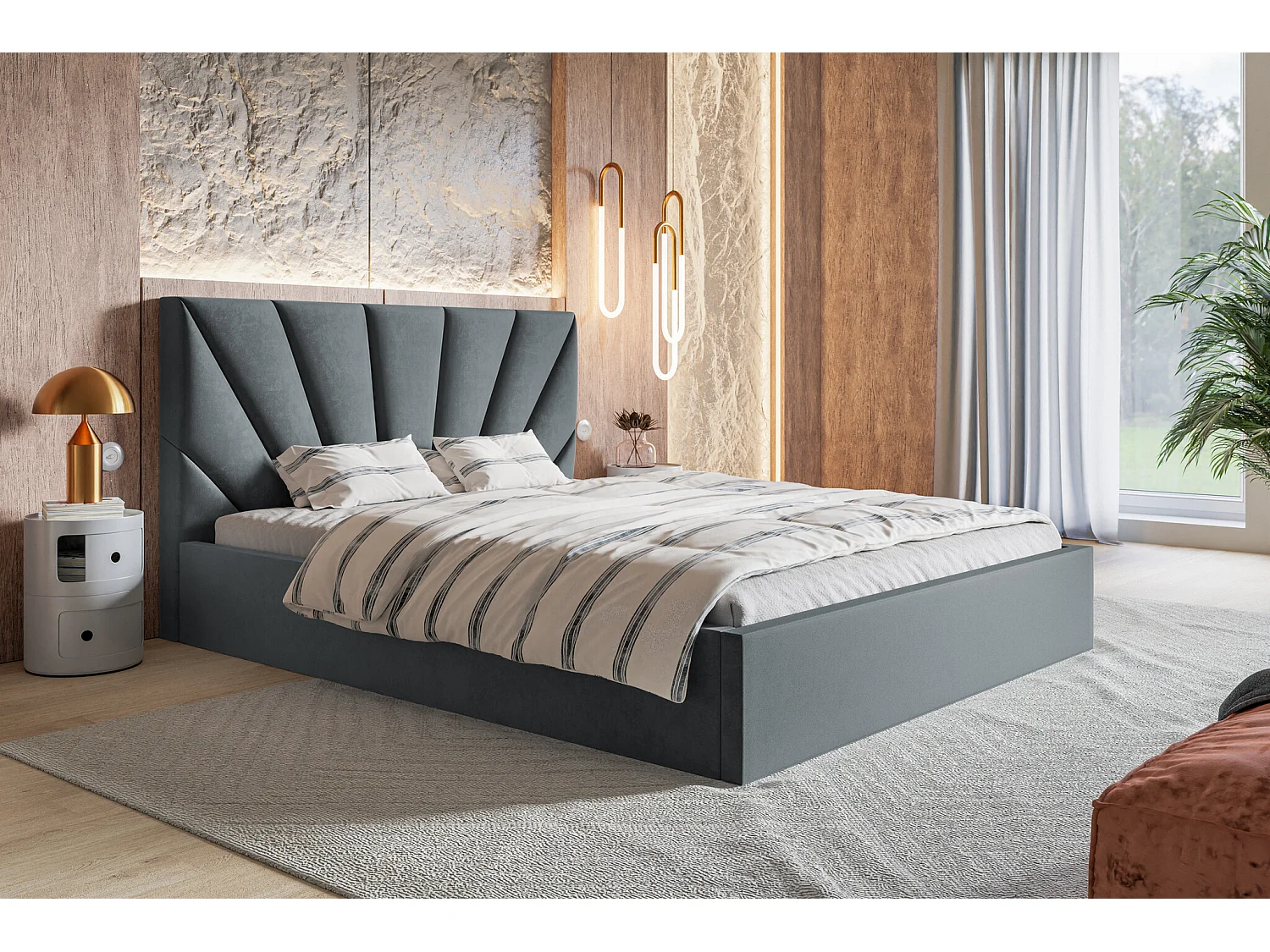 Lit double 140x200 cm Aris - Lit adulte avec rangment - Tissu velours - Gris foncé (Jasmine 96)