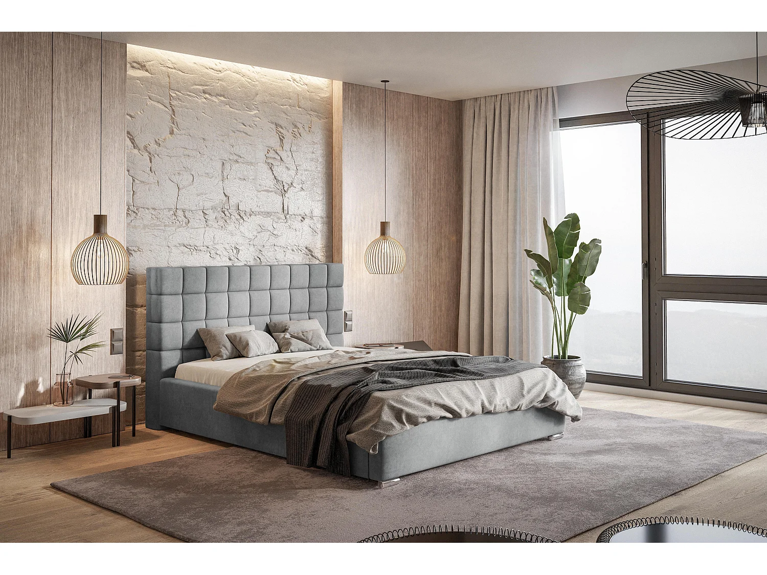 Emporius Lit 140x200 adulte avec Rangement Noris - Lit double Lit rembourré avec Tete de Lit - Velvet Gris clair (Jasmine 90)