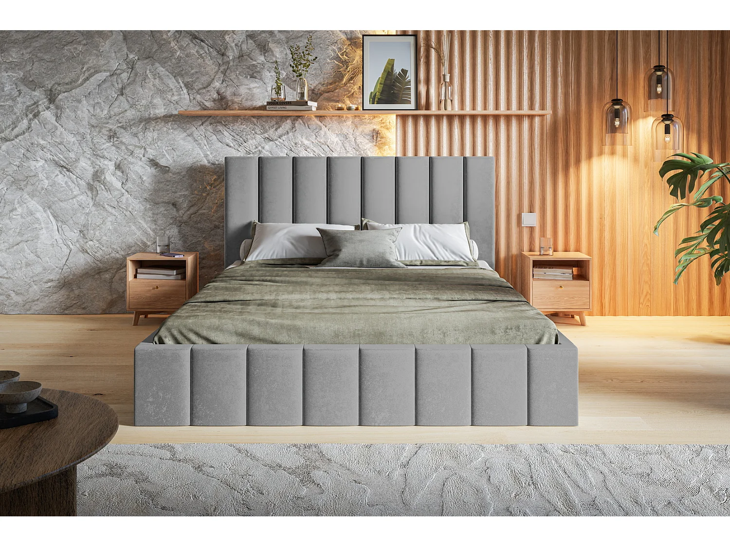 Emporius tweepersoonsbed 140 x 200 cm Moris - bed met opbergruimte, bed 140x200 cm - fluweel Lichtgrijs (Jasmine 90)