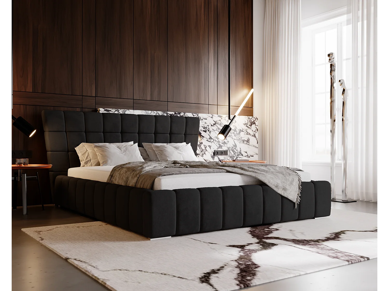 Emporius Deluxe łóżko tapicerowane 140x200 cm - łóżko przeszywane w nowoczesnym stylu - pojemnik i stelaż, tkanina aksamitna, czarny (Magic Velvet 2219)