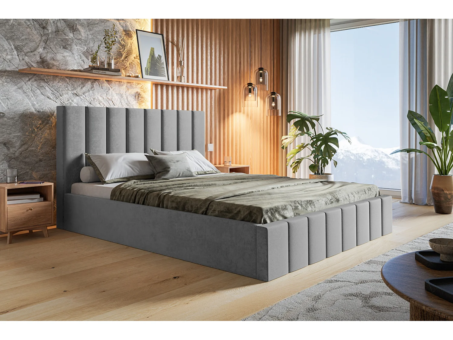 Emporius Lit avec Rangment 180 x 200 cm Moris - Tissu Velours & Sommier, Lit adulte 180x200 cm - Velvet Gris clair (Jasmine 90)