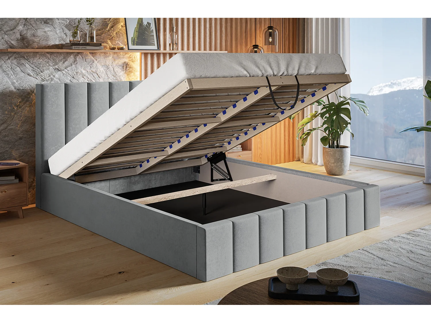 Emporius Lit avec Rangment 180 x 200 cm Moris - Tissu Velours & Sommier, Lit adulte 180x200 cm - Velvet Gris clair (Jasmine 90)