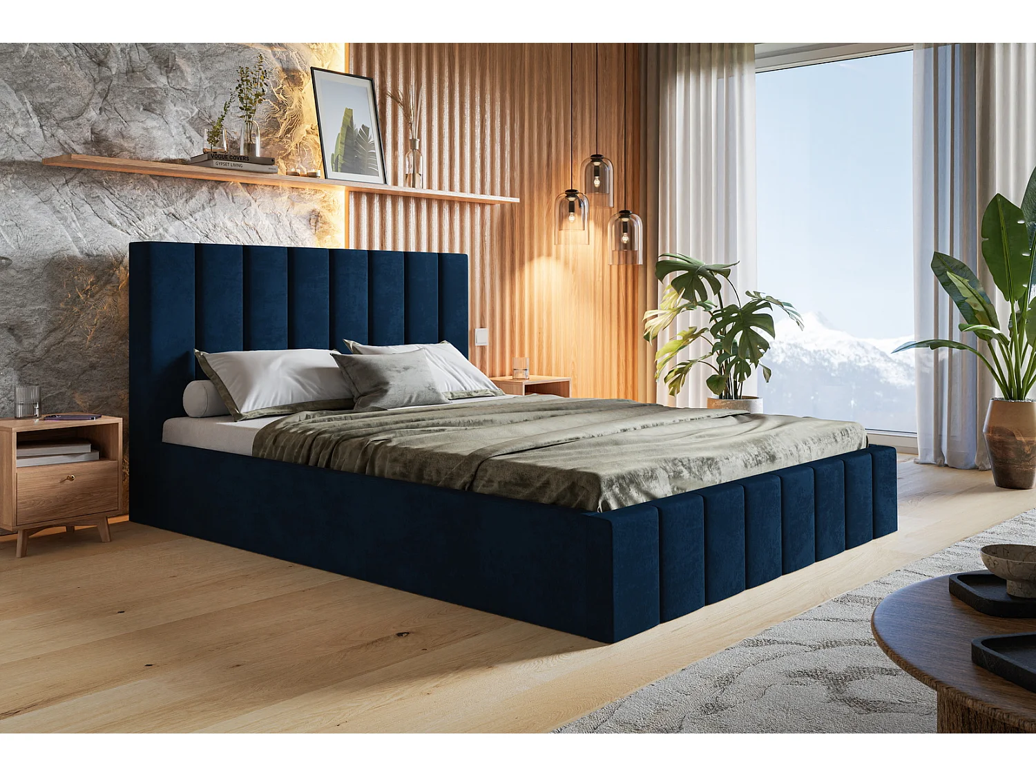 Emporius tweepersoonsbed 140 x 200 cm Moris - bed met opbergruimte, bed 140x200 cm - fluweel Blauw (Kronos 09)