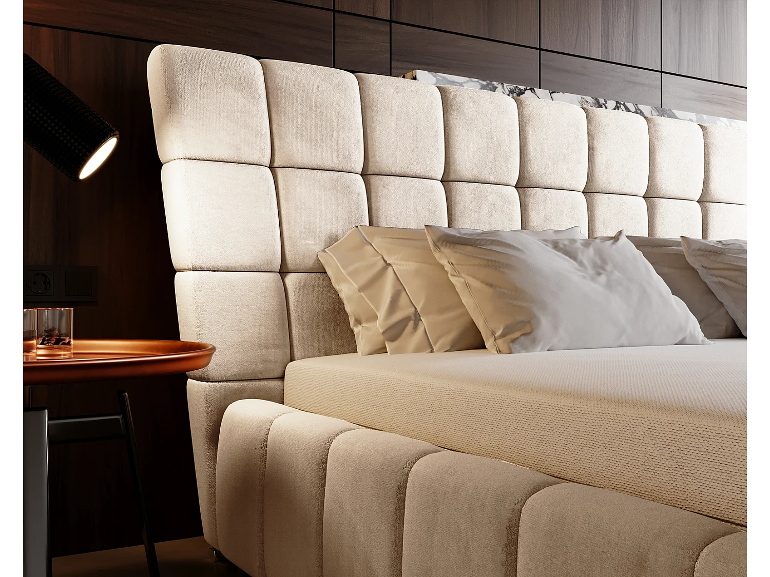 Emporius gestoffeerd bed 180 x 200 cm Deluxe, bed met opbergruimte, fluweel Beige (Magic Velvet 2201)