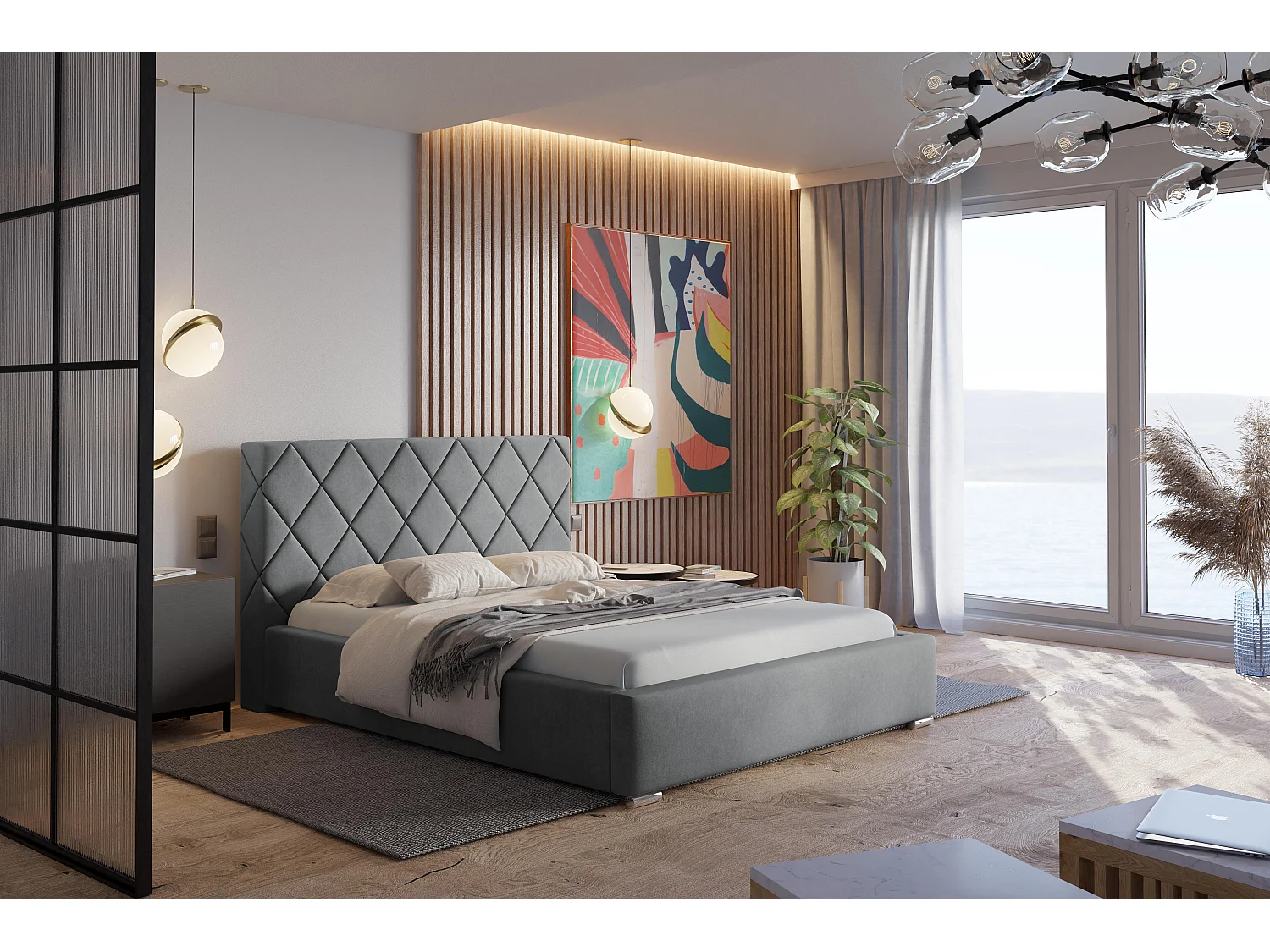 Emporius bed met opbergruimte 160x200 Aron - tweepersoonsbed, lattenbodem, bedlade, gestoffeerd bed 160x200 - Gris clair (Jasmine 90)