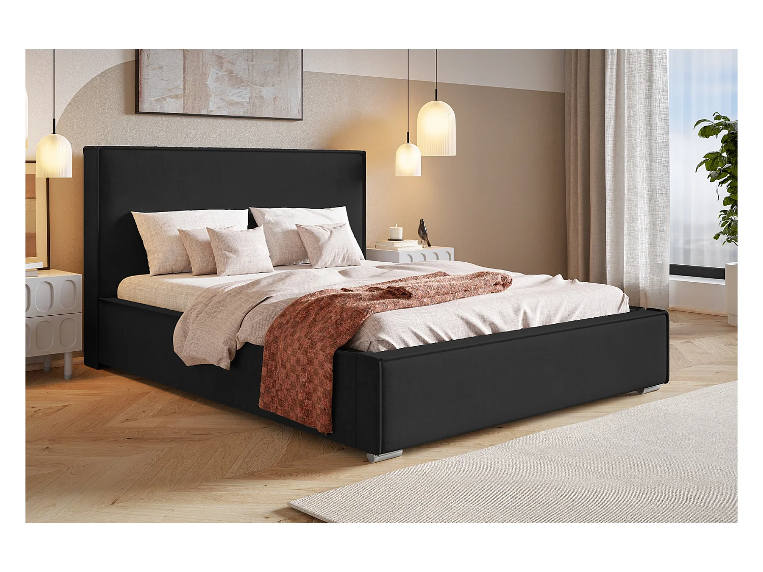 Emporius bed met opbergruimte Sydney - gestoffeerd bed 180x200, fluwelen Zwart (Amor Velvet 4322)