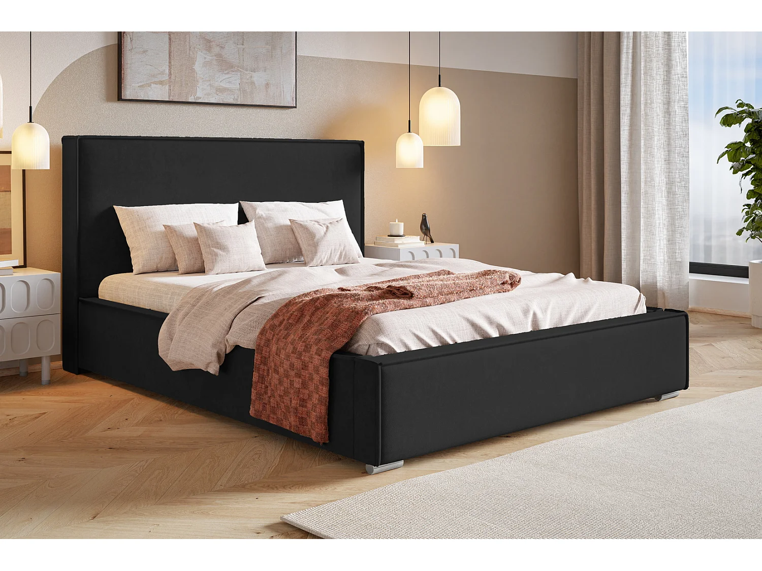 Lit double 180x200 Sydney avec rangement - Lit design, tissu velours, Noir (Amor Velvet 4322)