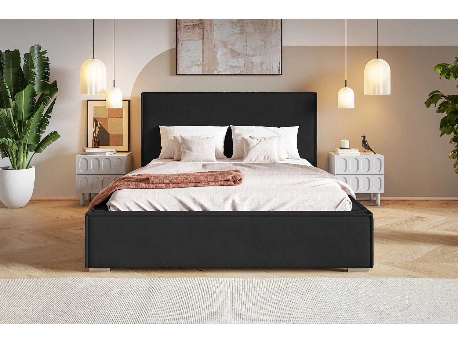 Lit double 180x200 Sydney avec rangement - Lit design, tissu velours, Noir (Amor Velvet 4322)