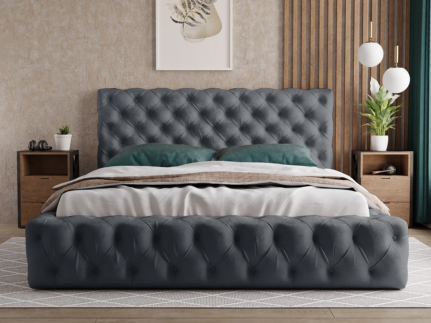Emporius Lit coffre 140x200 Glory - Lit double 140 x 200 cm, lit capitonné, stoff Velours Gris foncé (Paros 6)
