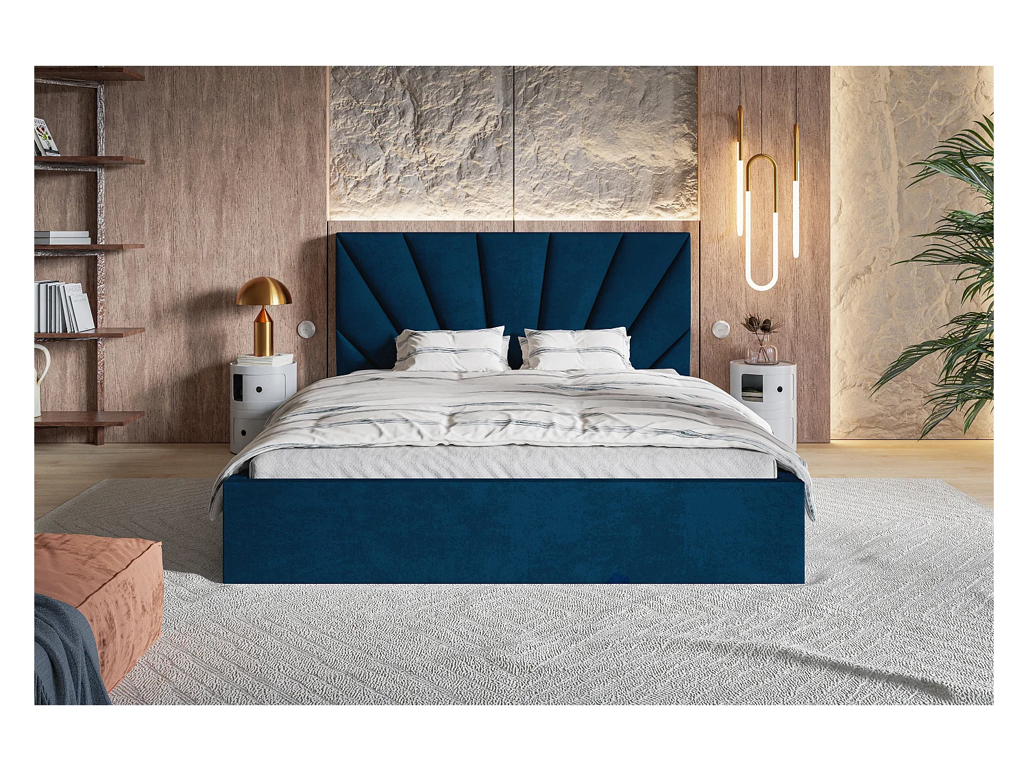 Emporius Lit double 180 x 200 cm Aris - Lit Adulte avec Rangment, Lit adulte - Tissu Velvet - Bleu (Kronos 09)