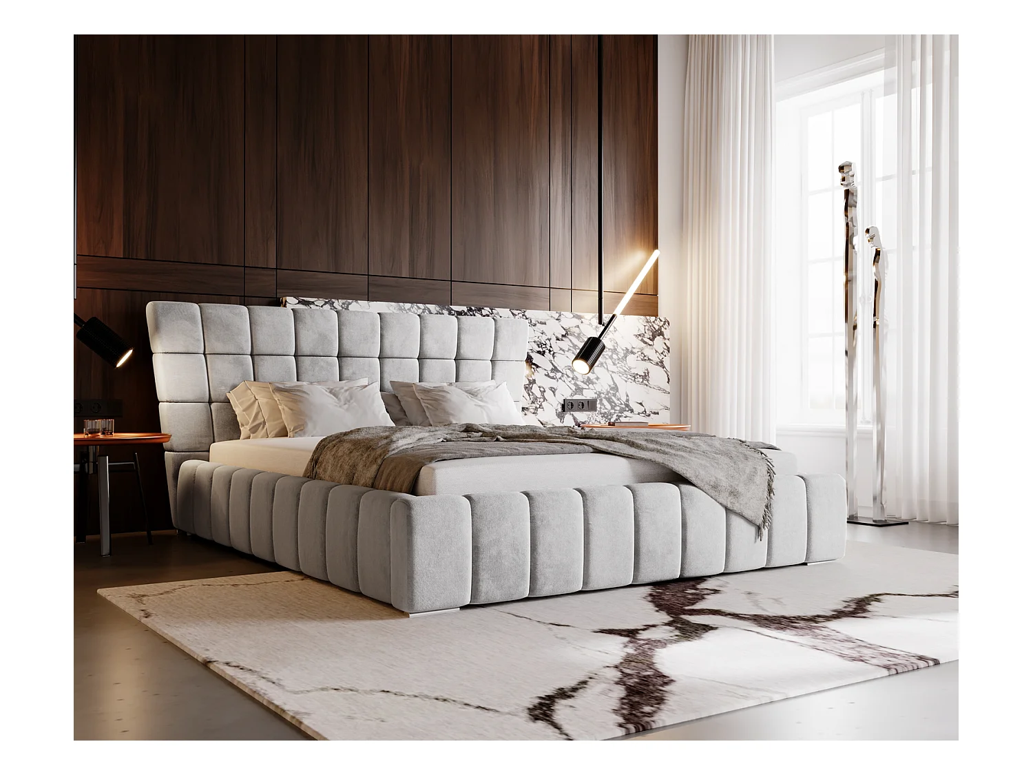 Emporius Lit rembourré 180x200 cm Deluxe, stoff, Lit Double avec Rangement - Lit Gris clair (Magic Velvet 2218)