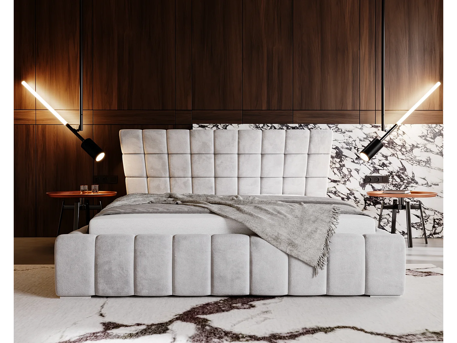 Emporius Deluxe łóżko tapicerowane 180x200 cm - łóżko przeszywane w nowoczesnym stylu - pojemnik i stelaż, tkanina aksamitna, jasny szary (Magic Velvet 2218)