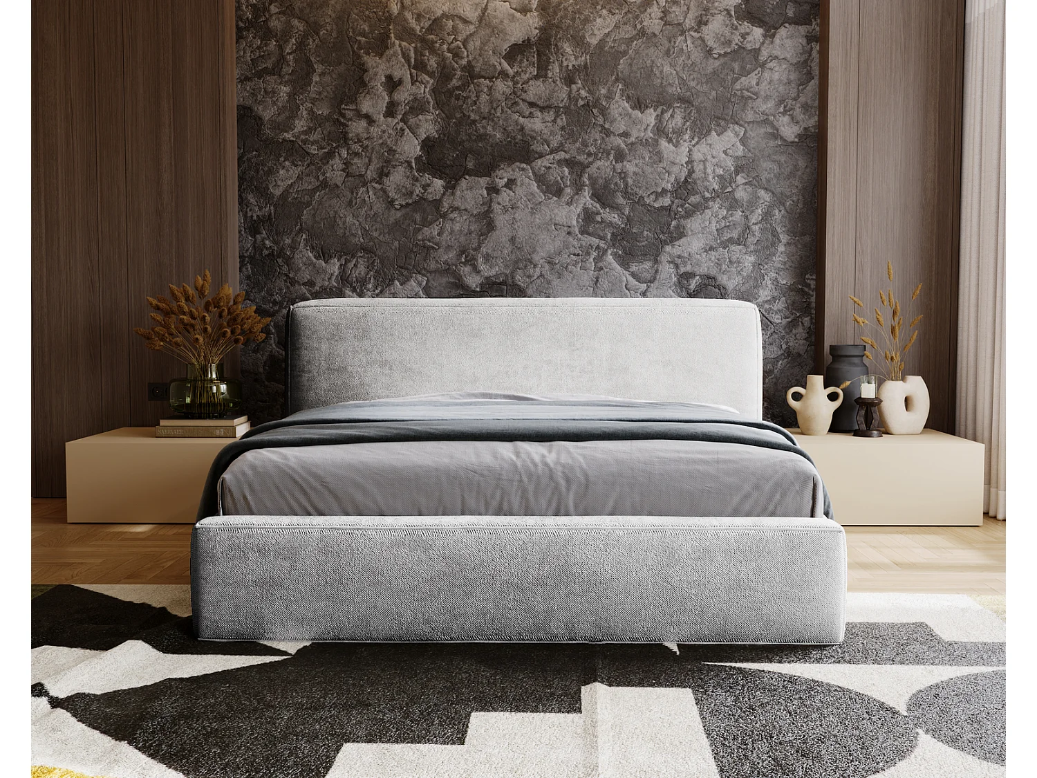 Emporius Lit 140x200 cm Vitoria - Lit adulte avec Tete de Lit, avec Rangement - Lit Gris clair (Symphony 19)