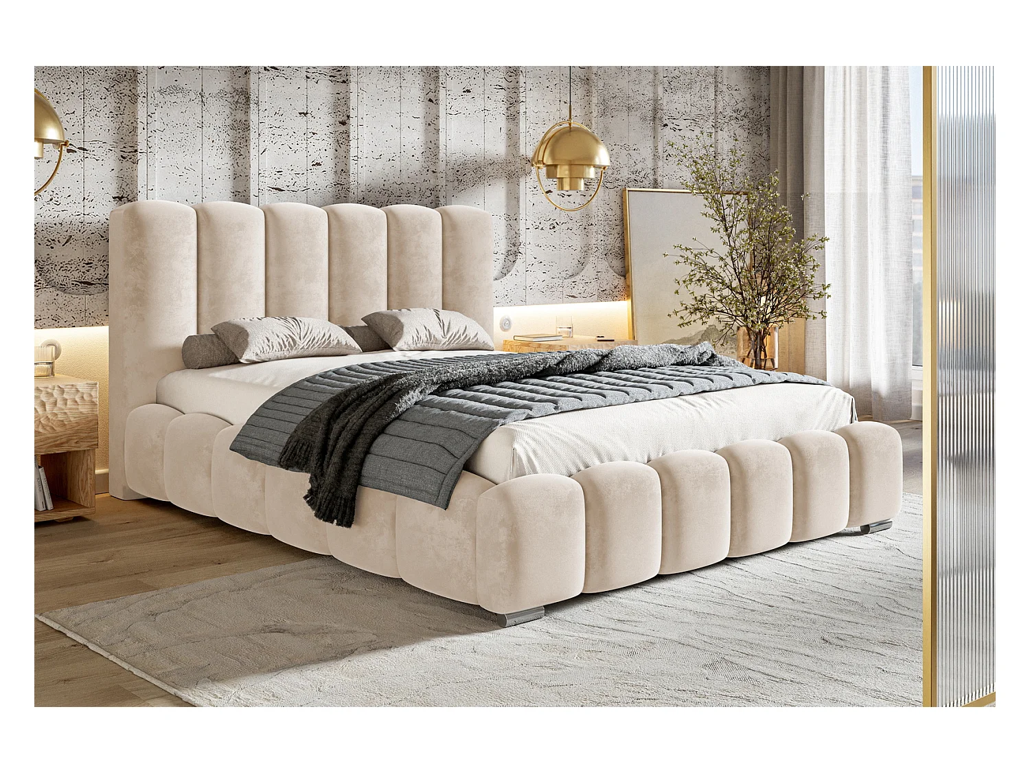 Emporius Lit capitoné 200x200 cm Pearl, Lit double avec sommier à Lattes, lit 200x200 Beige (Amor Velvet 4304)