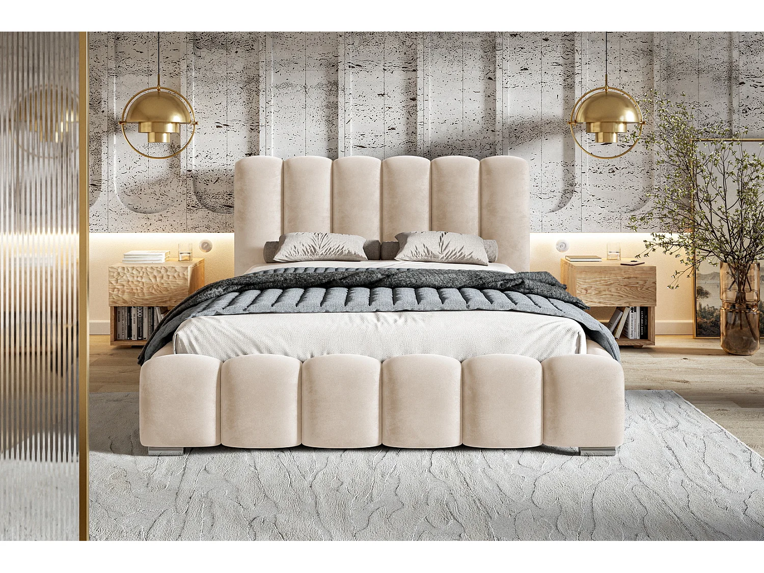 Emporius Lit capitoné 200x200 cm Pearl, Lit double avec sommier à Lattes, lit 200x200 Beige (Amor Velvet 4304)