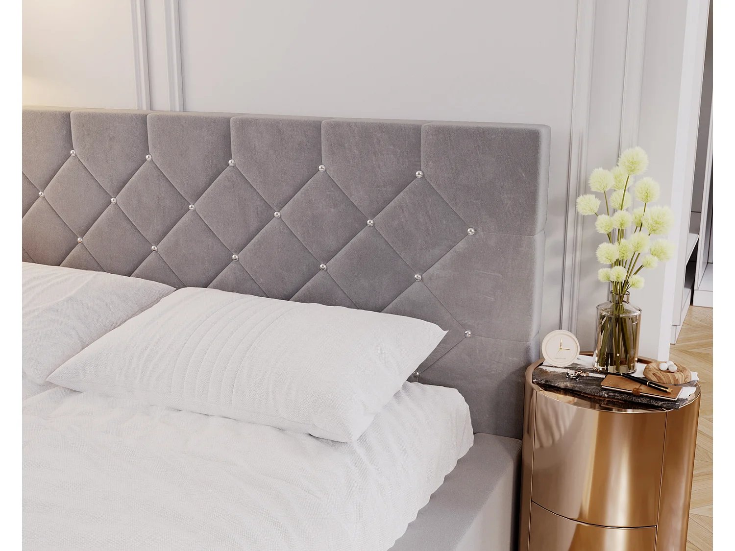 Emporius Lit capitonné 140x200 Solar, Lit double 140 x 200 cm, lit adulte avec Rangment, stoff Velours Gris (Magic Velvet 2217)