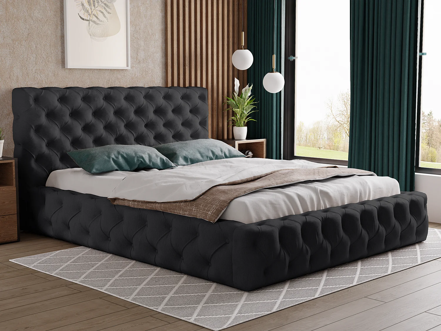 Emporius Lit coffre 140x200 Glory - Lit double 140 x 200 cm, lit capitonné, stoff Velours Noir (Kronos 7)