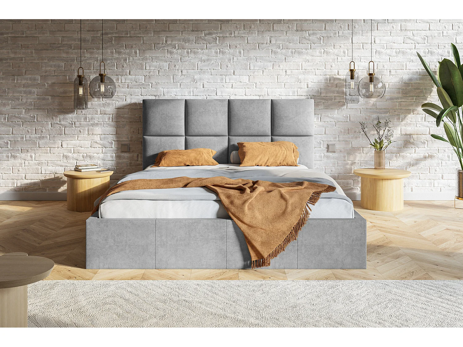 Polsterbett 140 x 200 Fado - Doppelbett mit Bettkasten - Samtstoff Hellgrau (Jasmine 90)