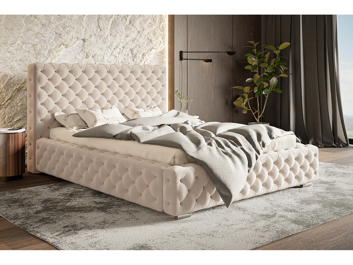 Emporius Lit coffre 160x200 Adonis - Lit avec Tete de Lit - Lit avec Rangement, stoff lit Beige (Amor Velvet 4304)