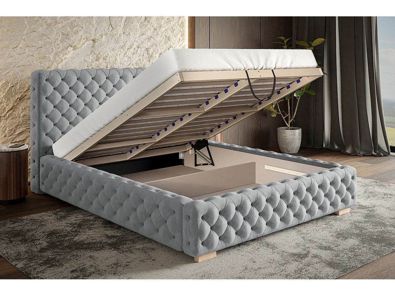 Lit coffre 160x200 Adonis - tete de Lit, sommier - velours Beige (Amor Velvet 4304)