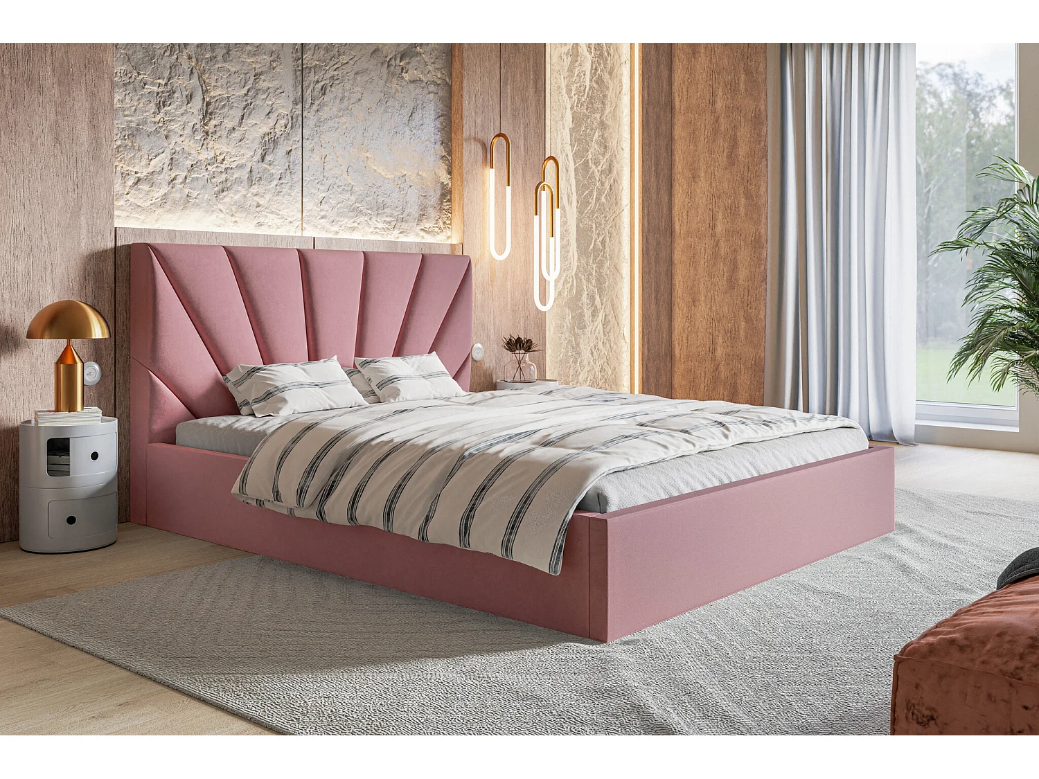 Lit coffre 200x200 cm Aris - Lit double avec rangment, sommier métallique - Tissu velours Rose (Jasmine 61)