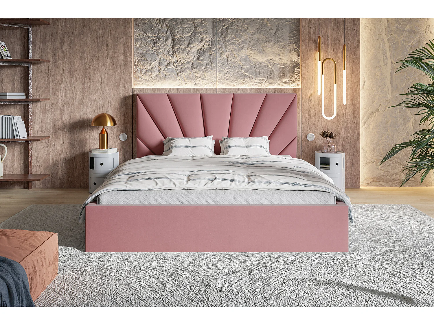 Lit coffre 200x200 cm Aris - Lit double avec rangment, sommier métallique - Tissu velours Rose (Jasmine 61)