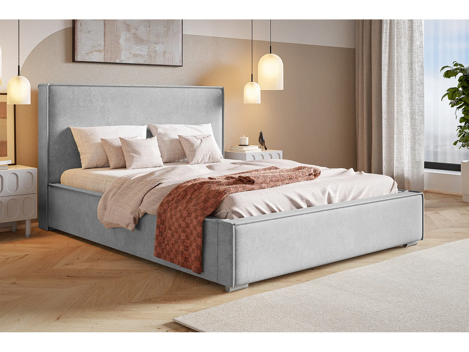 Lit double 140x200 Sydney avec rangement - Lit design, tissu velours, Gris (Amor Velvet 4318)