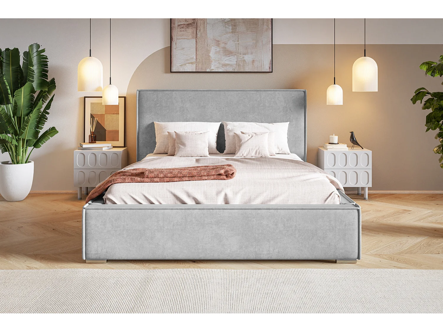 Lit double 140x200 Sydney avec rangement - Lit design, tissu velours, Gris (Amor Velvet 4318)