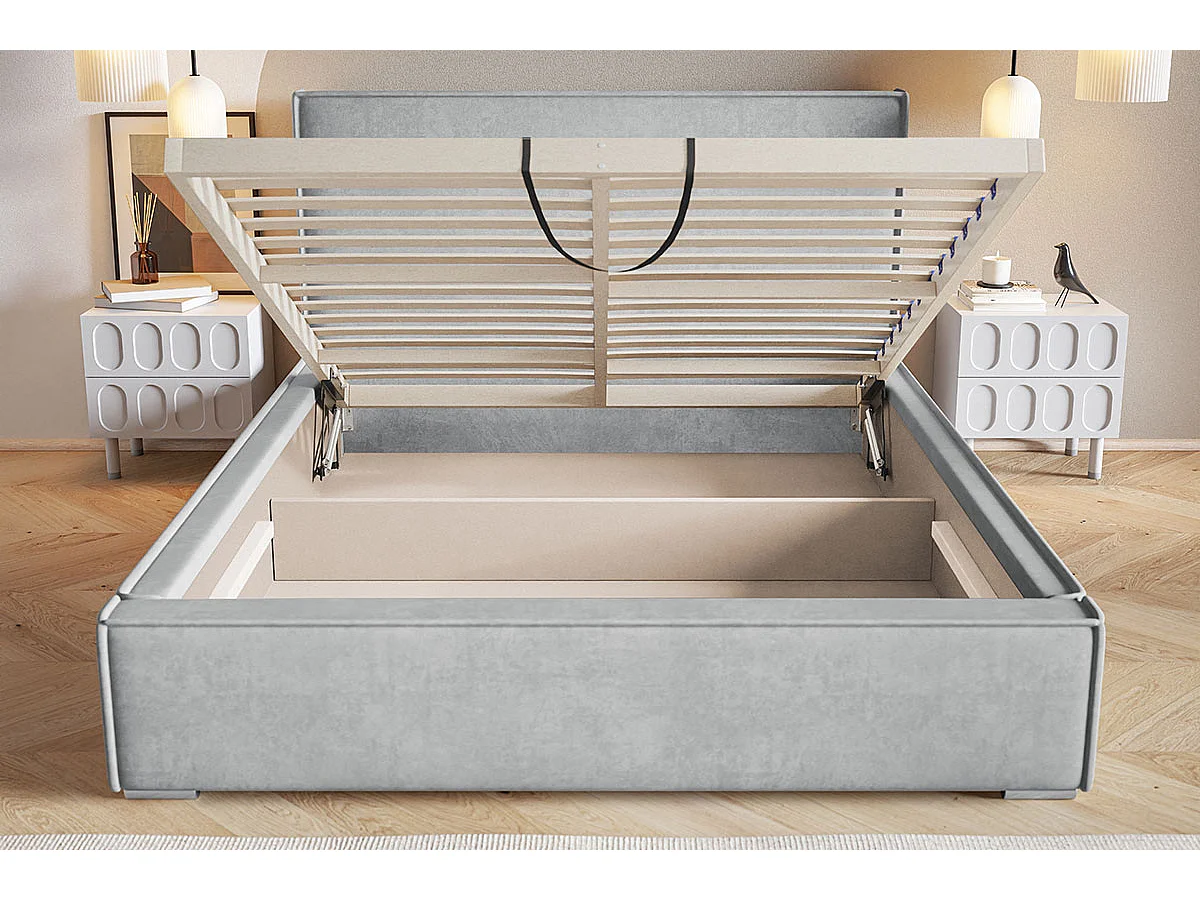 Lit double 140x200 Sydney avec rangement - Lit design, tissu velours, Gris (Amor Velvet 4318)