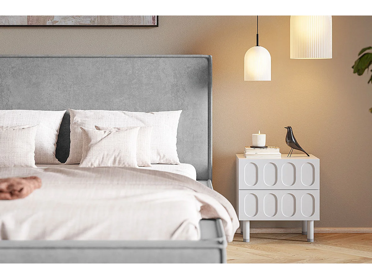 Lit double 140x200 Sydney avec rangement - Lit design, tissu velours, Gris (Amor Velvet 4318)
