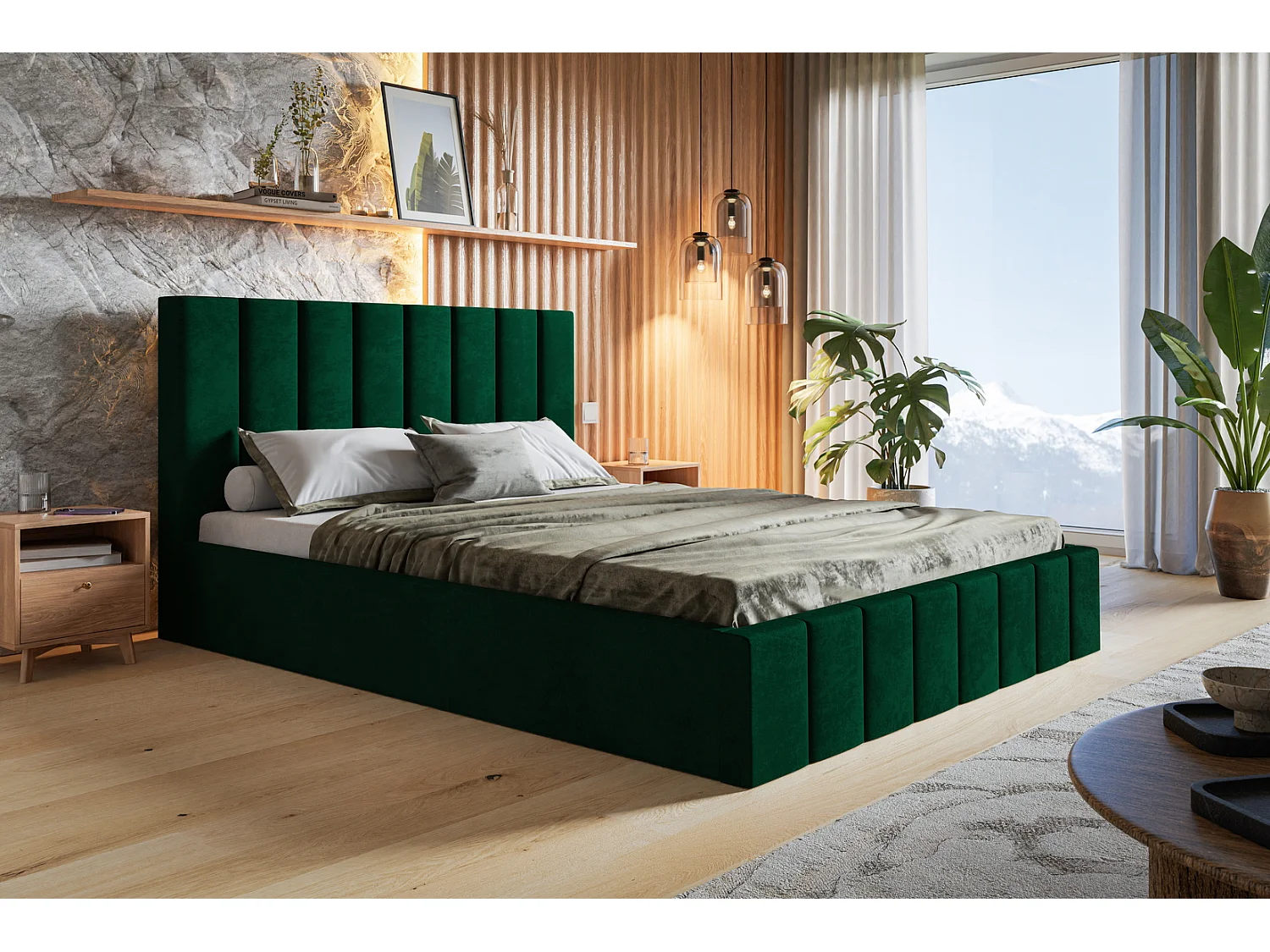 Emporius Lit avec Rangment 140 x 200 cm Moris - Tissu Velours & Sommier, Lit adulte 140x200 cm - Velvet Vert (Kronos 19)